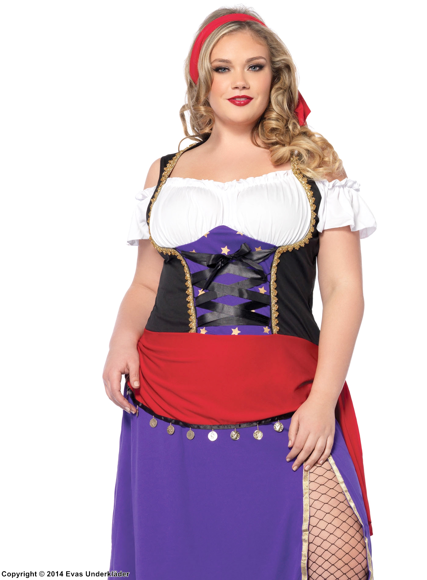 Zigeunerprinzessin, Kostüm-Kleid, Schnürung, hoher Schlitz, Cold Shoulder, Sterne, XL bis 4XL